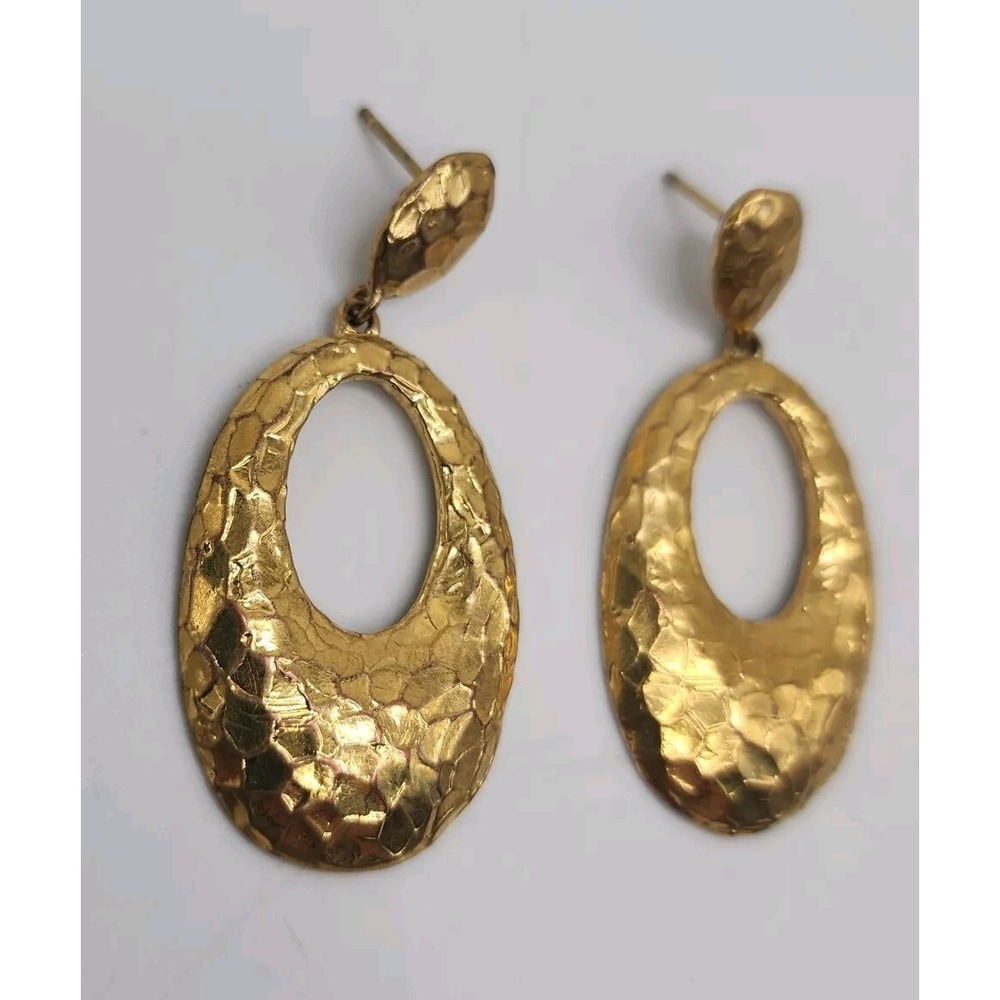 Vintage Bellezza Italy Hammered Gold Tone Dangle Oval Designer Pierced Earrings - Picture 5 of 11